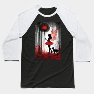 Enchanting Moments: Girl in Red with Giant Dandelion and Furry Friend Baseball T-Shirt